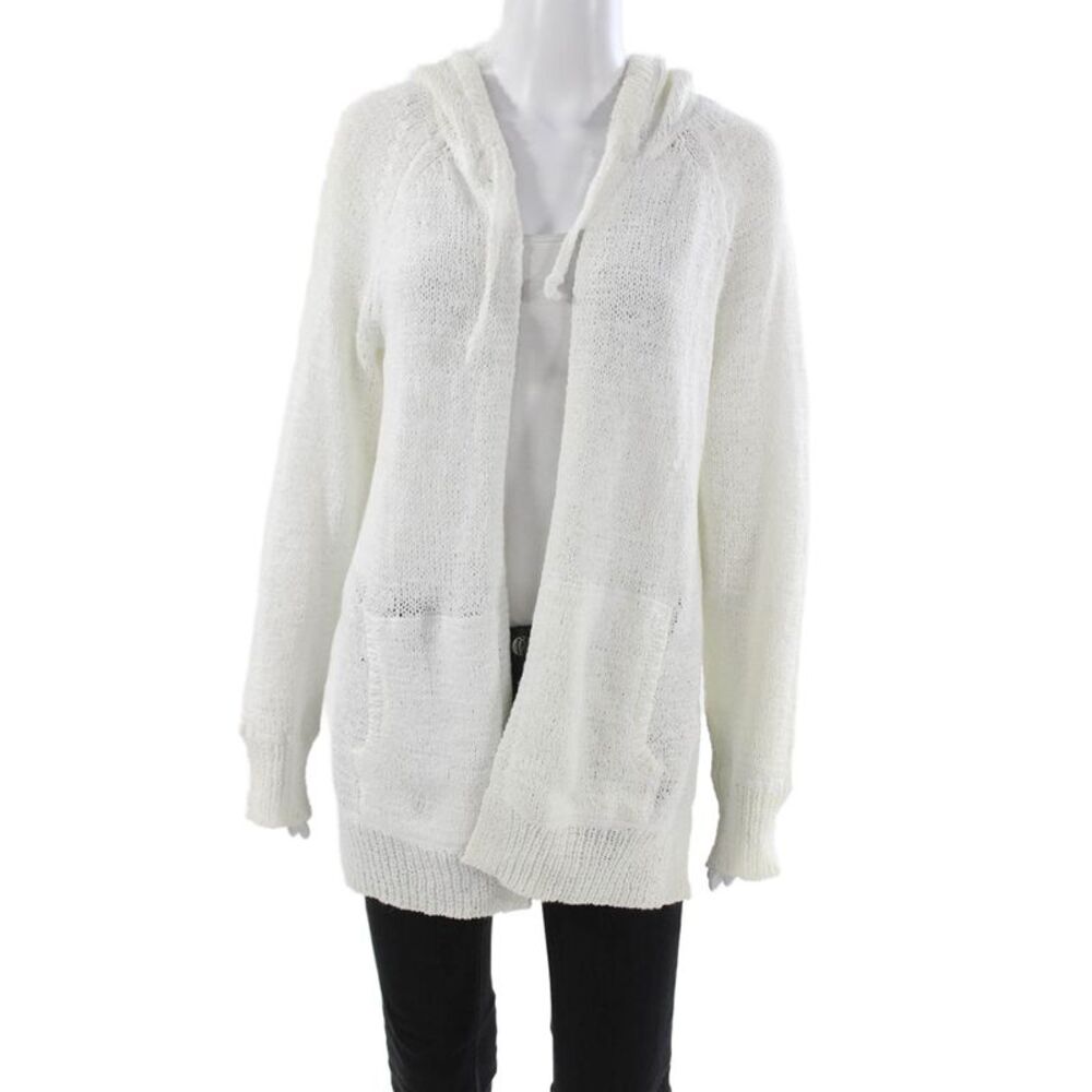 360 Sweater Womens Hooded Cardigan White Nylon Solid Long Sleeve Size S